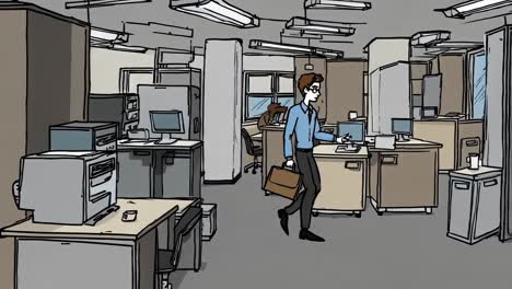office worker walking through a contemporary workspace, carrying a briefcase in a graphic novel style illustration featuring computers, desks, and modern office furniture