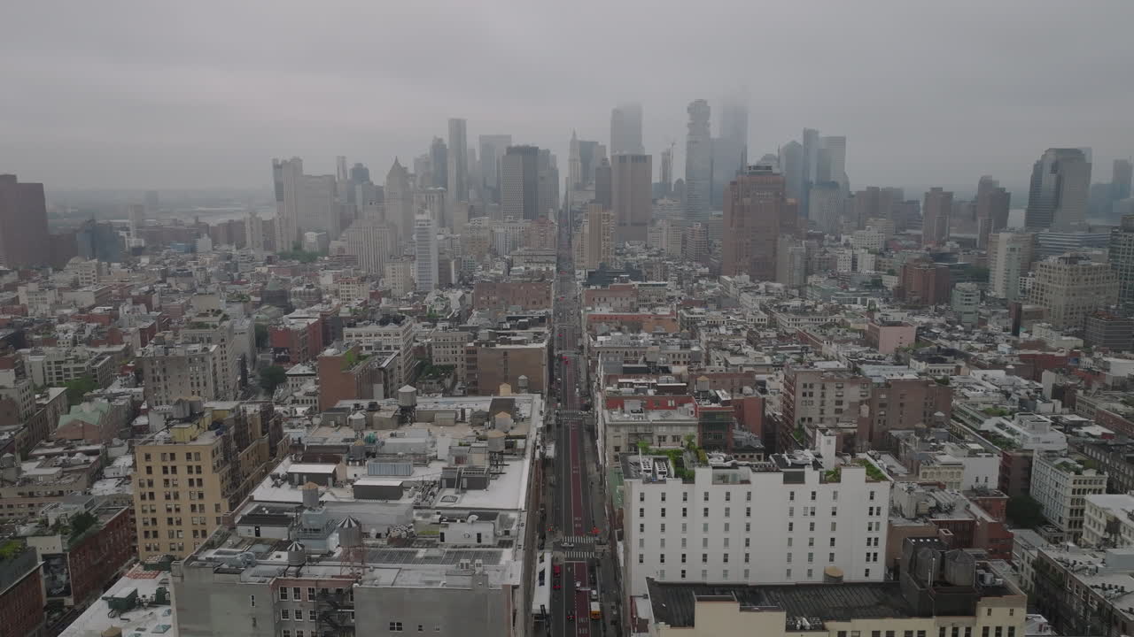 Aerial view of Lower Manhattan on an overcast morning. Shot in New York City
