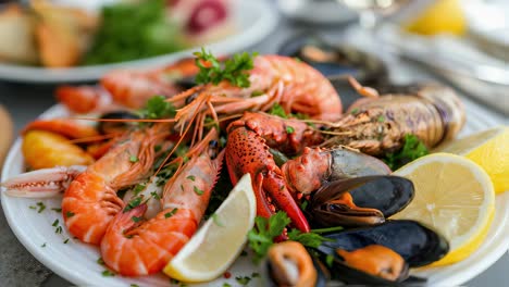 luxurious seafood platter showcasing succulent shrimp, tender lobster, juicy mussels, bright lemon slices, and fresh parsley garnish on pristine white surface
