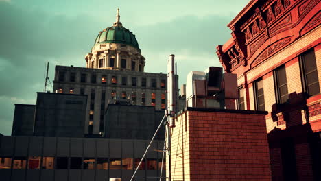 cityscape view of buildings with domes and brick facades