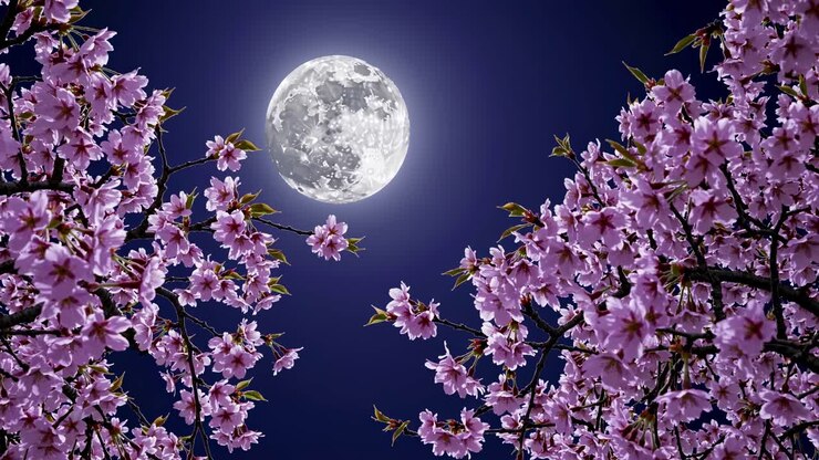 A serene night video scene with a low-angle view of a full moon framed by cherry blossoms