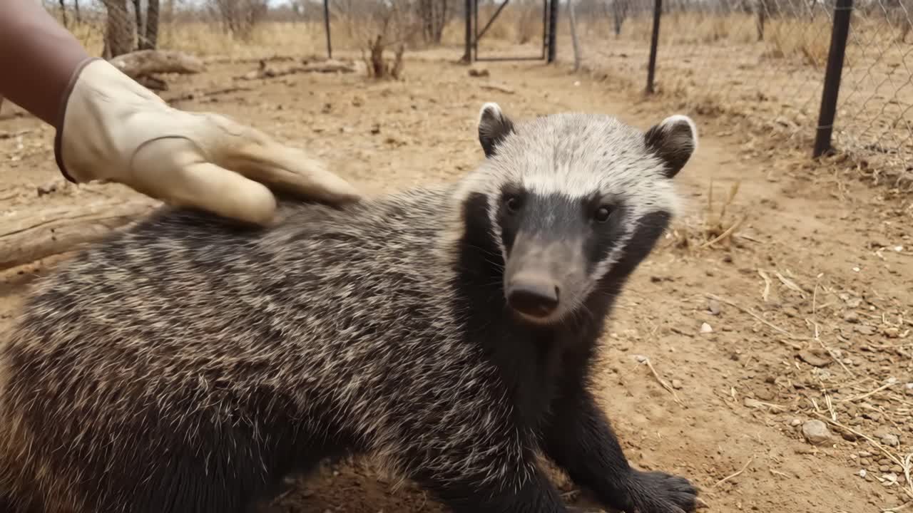 Mano guantata che accarezza un tasso del miele in un recinto esterno asciutto