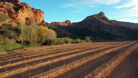 farmlands to hole in mountain track in drone shot in slow motion