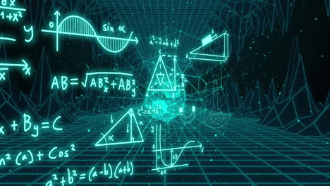 animation of mathematical formulae and scientific data processing over black background