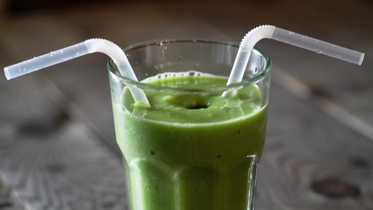 Mostra un bicchiere alto con una fossetta che si allarga e un vortice che si forma su un frullato verde sul piano del tavolo, con cannucce appoggiate