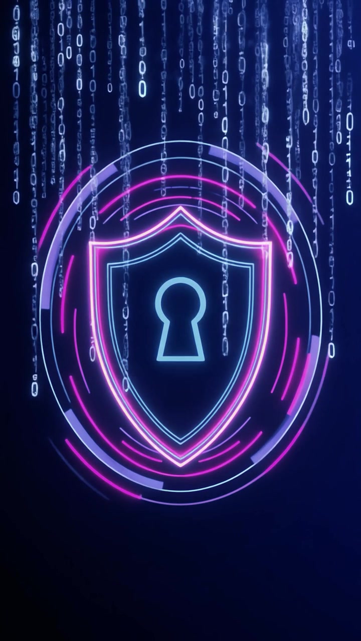 Digital Security Shield with Falling Binary Code Background