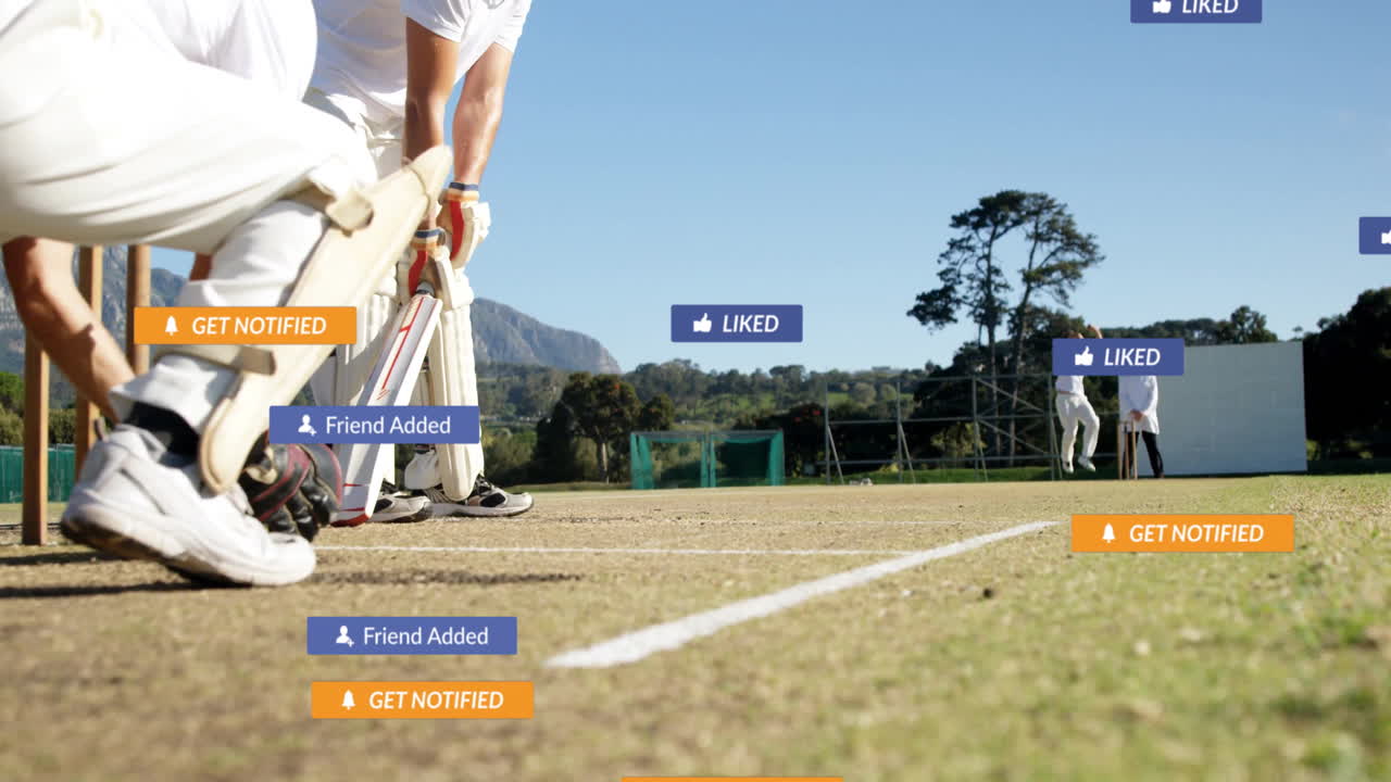 Cricket players on field with social media notifications overlay animation