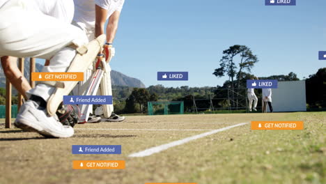 cricket players on field with social media notifications overlay animation