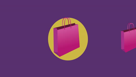 animación de bolsas de compras rosadas sobre un círculo amarillo sobre un fondo púrpura