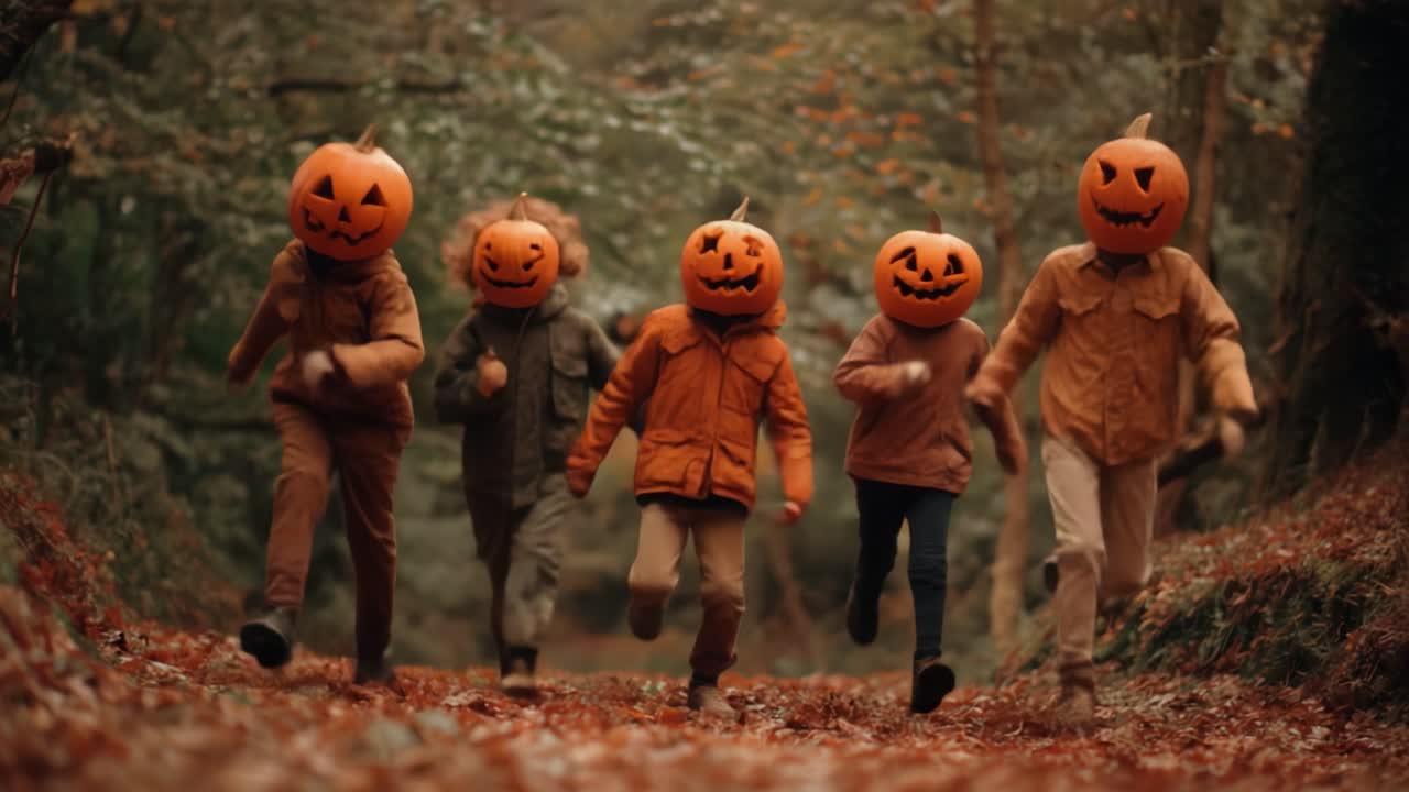 A Whimsical Halloween Adventure: Children in Pumpkin Masks Playfully Jumping Through Autumn Forest, Embracing the Joy of the Fall Season with Laughter and Fun