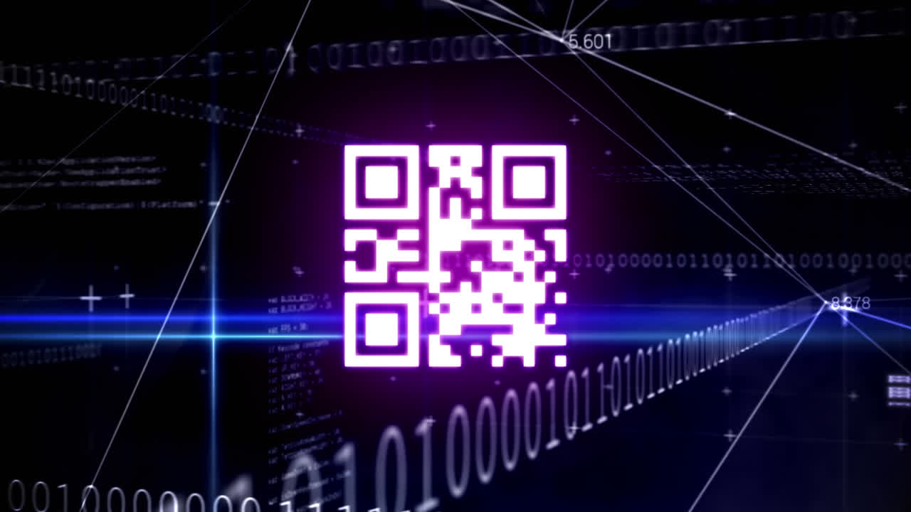 Digital animation of glowing qr code against binary coding data processing on black background