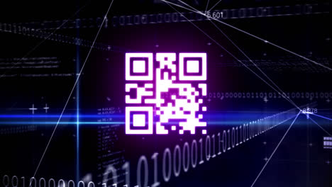 digital animation of glowing qr code against binary coding data processing on black background