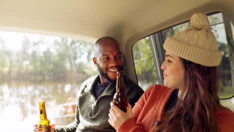 road trip, beer and couple toast in car
