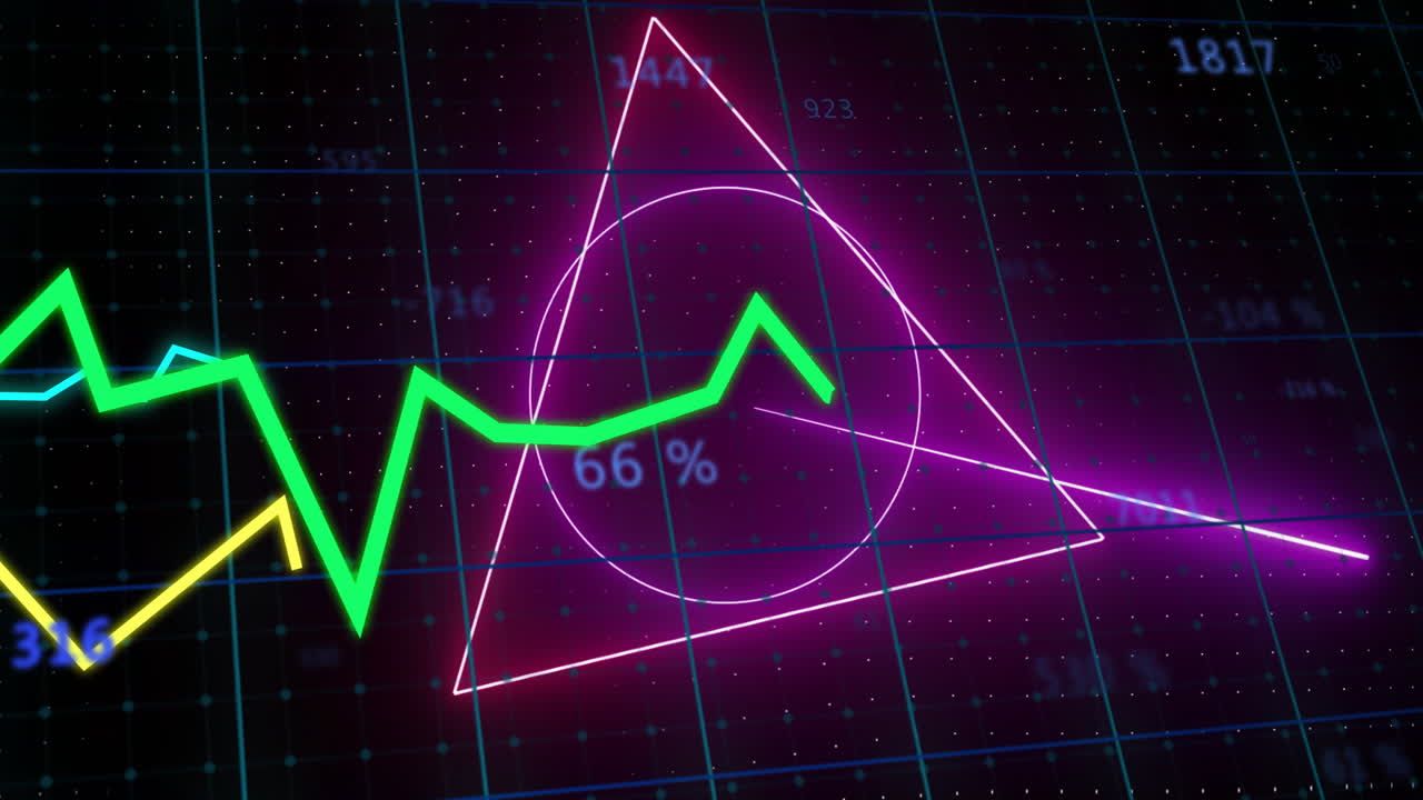 gráfico de línea verde y datos en porcentaje sobre animación de cuadrícula circular