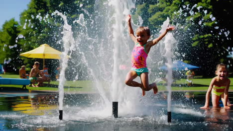 children playing at a water fountain