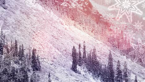 animación de nieve cayendo y puntos brillantes de luz sobre el paisaje de invierno
