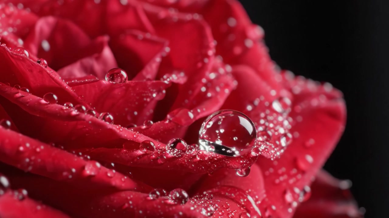 Gros plan sur une rose rouge perlée de rosée avec des gouttelettes d'eau scintillantes, mettant en valeur ses pétales vibrants et ses textures riches sur un fond sombre