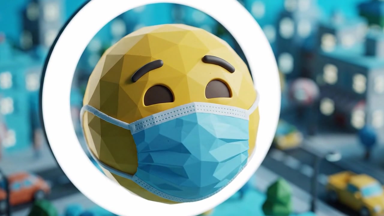 Um emoji 3D alegre usando uma máscara, ambientado em uma cena urbana estilizada, simboliza positividade e segurança em um ambiente de cidade vibrante e colorido.