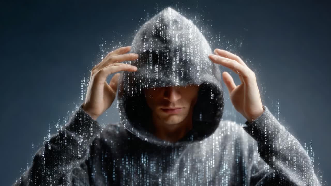 A Mysterious Figure in a Hooded Sweatshirt Engaged in a Thoughtful Moment Surrounded by Floating Digital Data Representations and a Translucent Aura