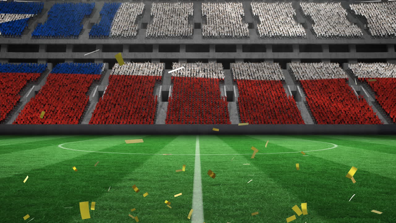 animación de confeti de oro cayendo sobre la bandera de chile en un estadio deportivo