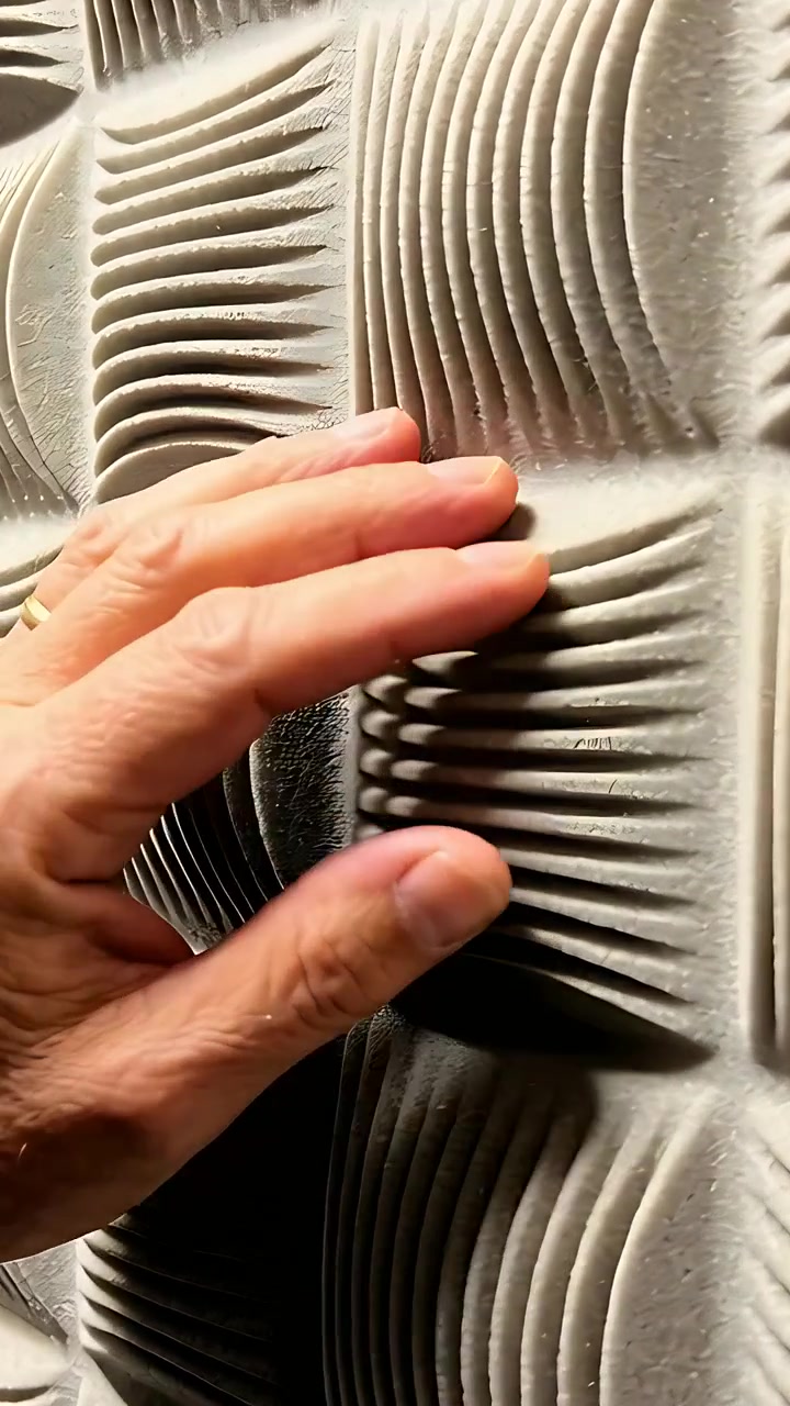 Vertikales Video: Von links kommend, rechte Hand einer älteren Person tastet zu Hause ein geripptes 3D-Panel mit Goldband ab.