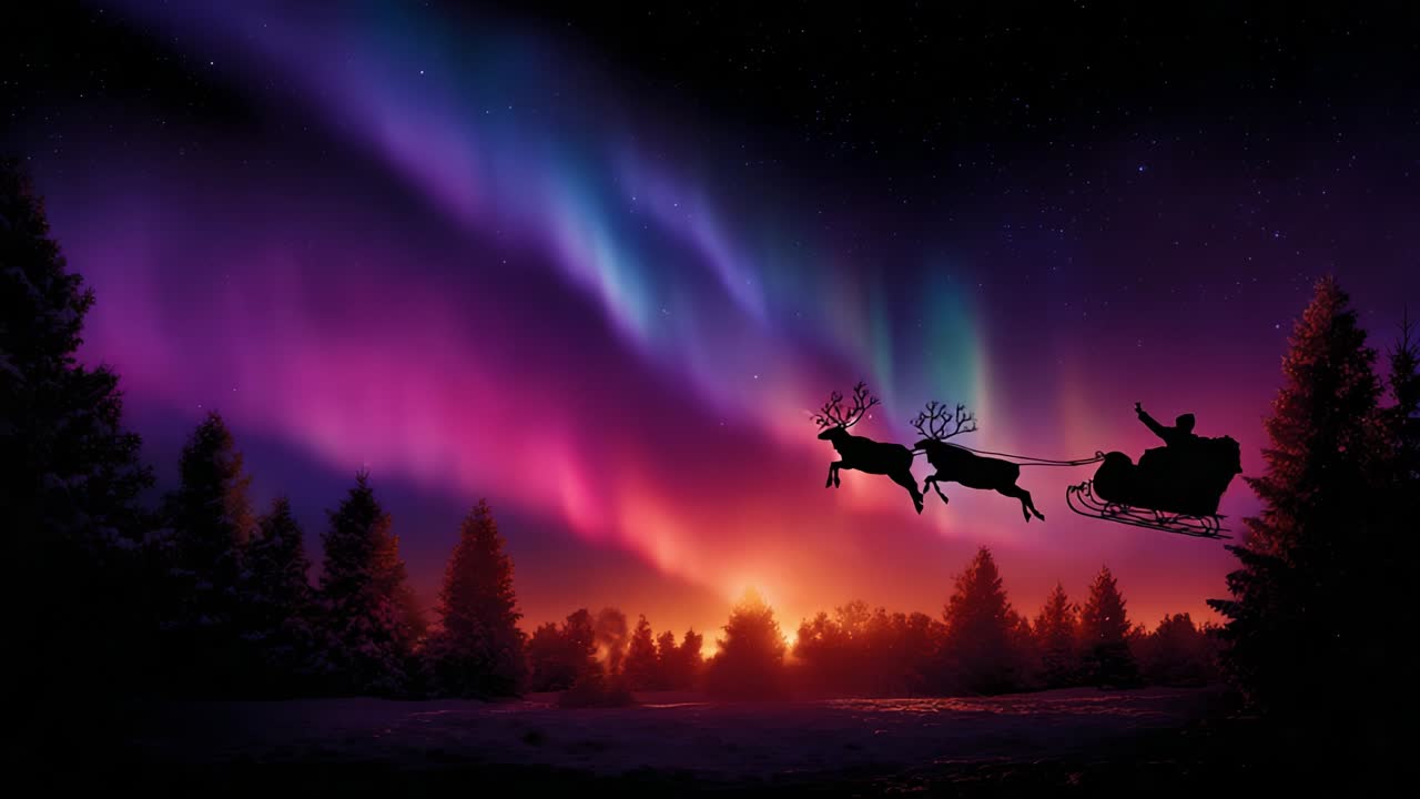 A Magical Night in the Sky with Enchanting Northern Lights Illuminating a Sleigh and Reindeer Against a Beautiful Forest During a Starry Winter Evening, Capturing the Essence of Festive Wonder