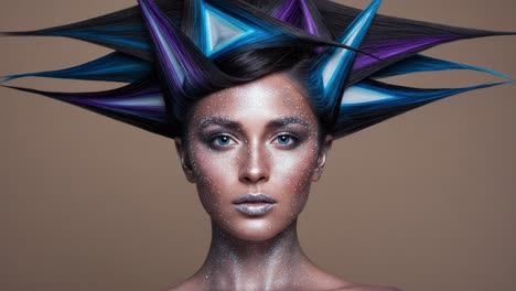 a striking portrait featuring a model with avant-garde hairstyle, showcasing intricate color gradients and futuristic design elements against a neutral background