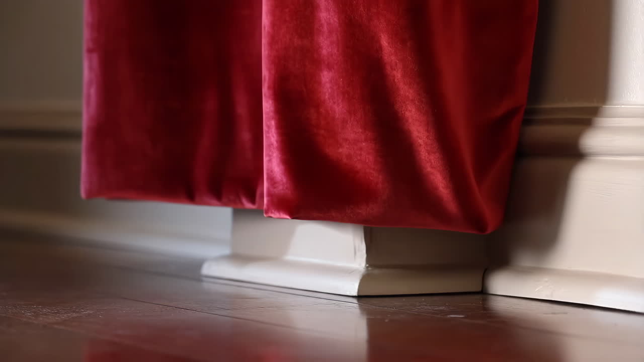 Close-up of a red velvet curtain against a white baseboard