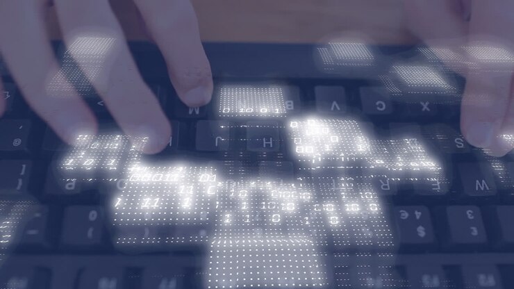 Animation of data processing over hands using computer in office