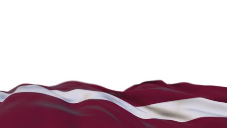 bandera de tela de letonia ondeando en el bucle del viento. bordado letón estampado bandera de tela balanceándose en la brisa. fondo blanco medio lleno. lugar para el texto. bucle de 20 segundos.
