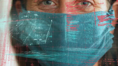 animación del procesamiento de datos sobre una mujer caucásica que lleva una máscara facial