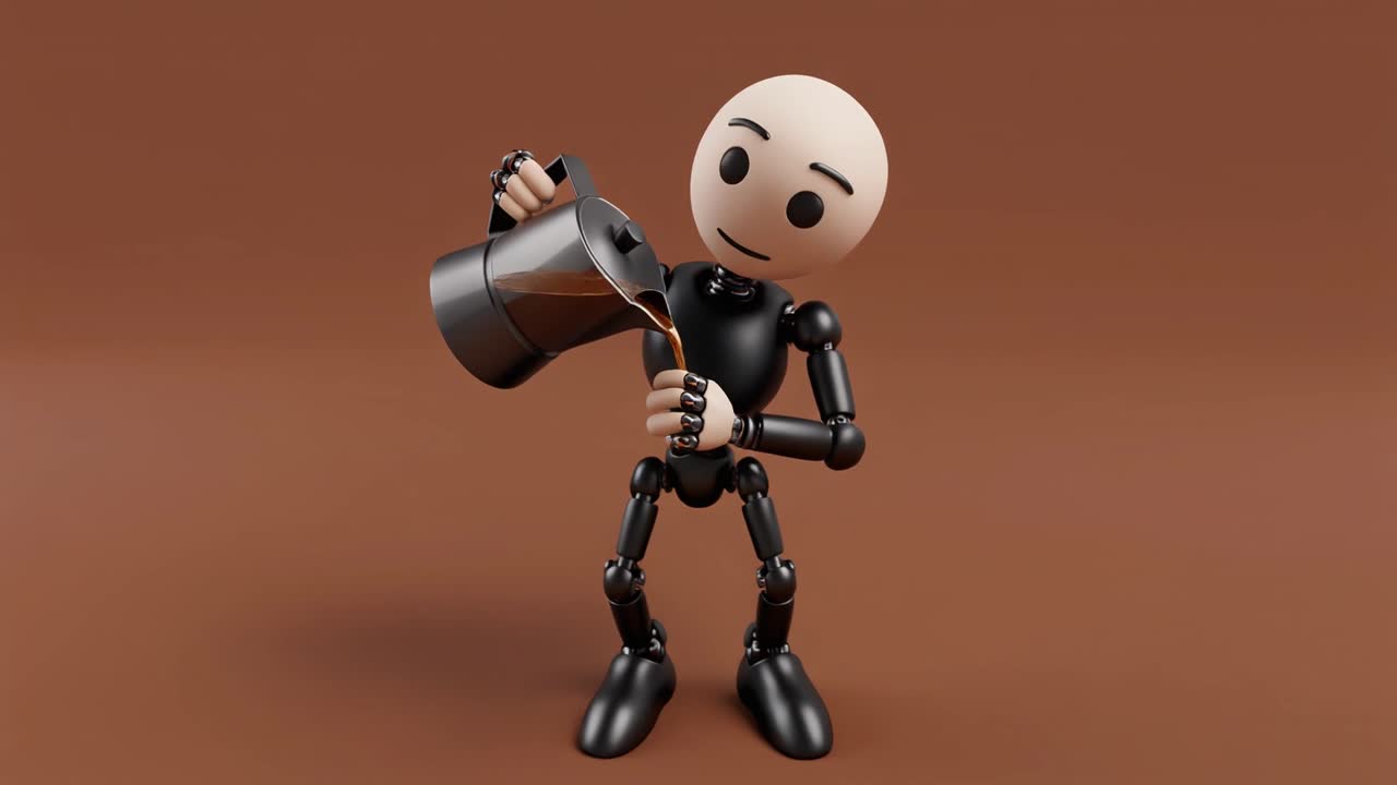 Personaggio animato in 3D che versa caffè da una moka