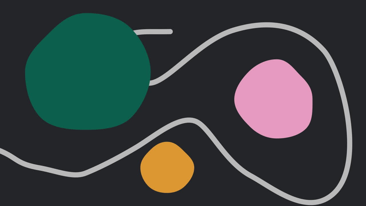 Animation of shapes in orange, pink,green and grey colors on black background