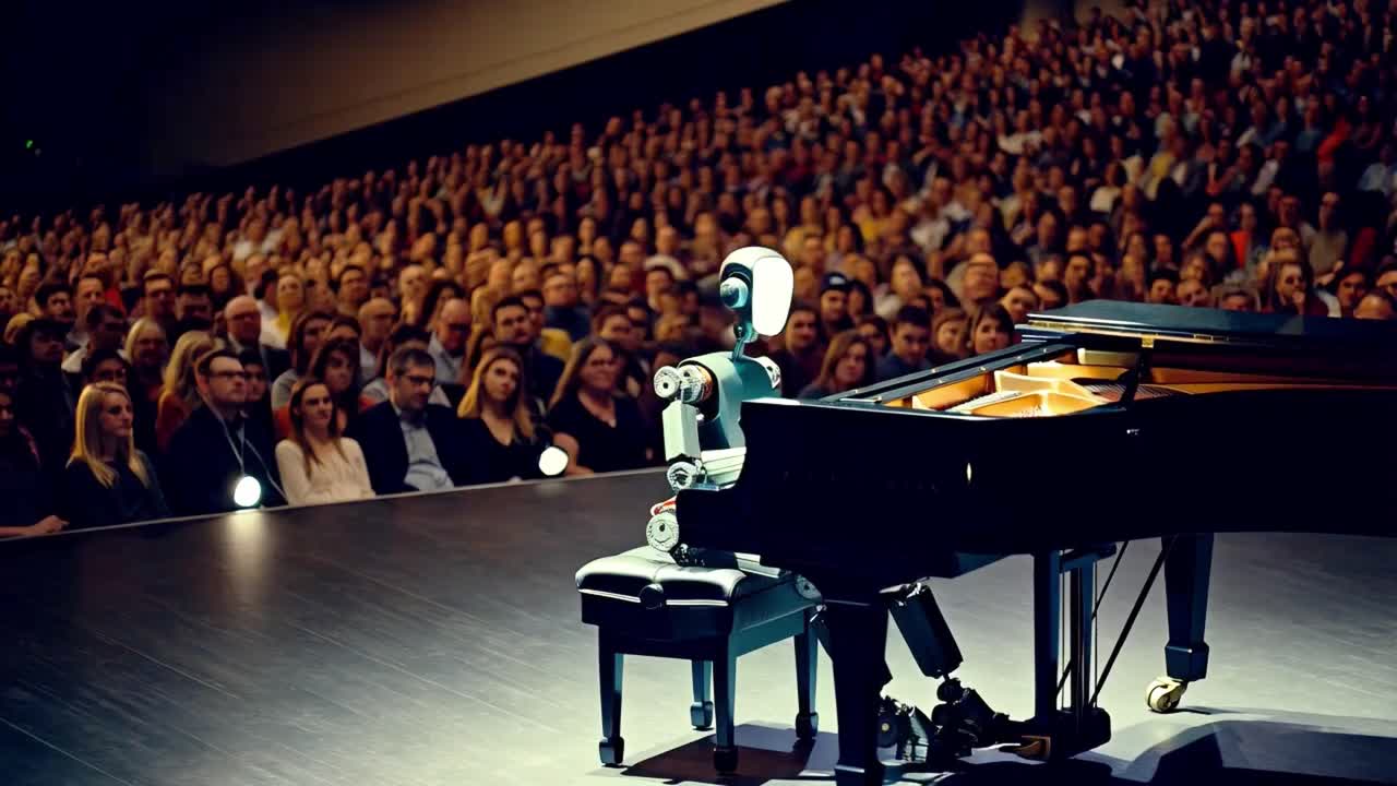Robot playing piano for an audience