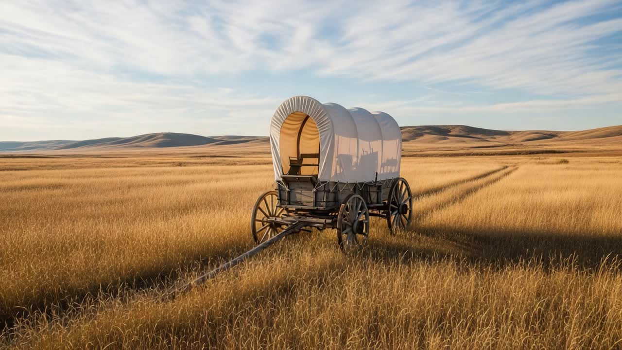A Rustic Covered Wagon Amidst a Golden Field Beneath a Serene Sky, Eliciting Nostalgia of Pioneer Days and the Great American West