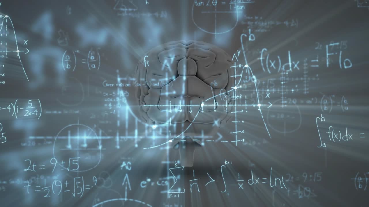 Opening revealing floating 3D brain model, formulas fading, rotating, visualizing math concepts