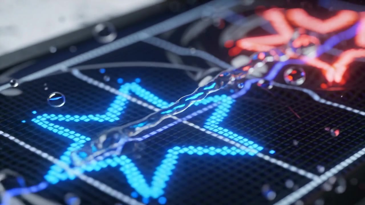 Contacting droplet forming crown and rebounding, pulling filament across macro grid with RGB LEDs