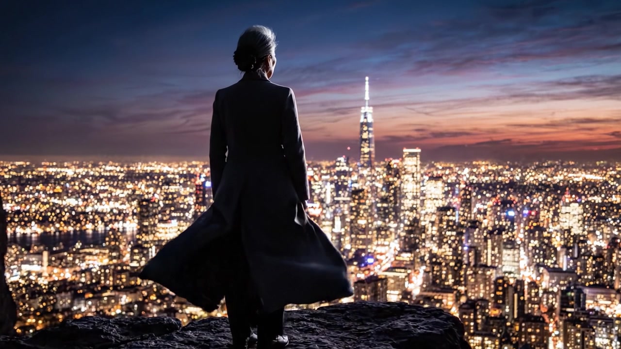 Una figura contemplativa osserva un vasto skyline cittadino al crepuscolo, illuminato da innumerevoli luci mentre il giorno si trasforma in notte, catturando un momento di riflessione e meraviglia