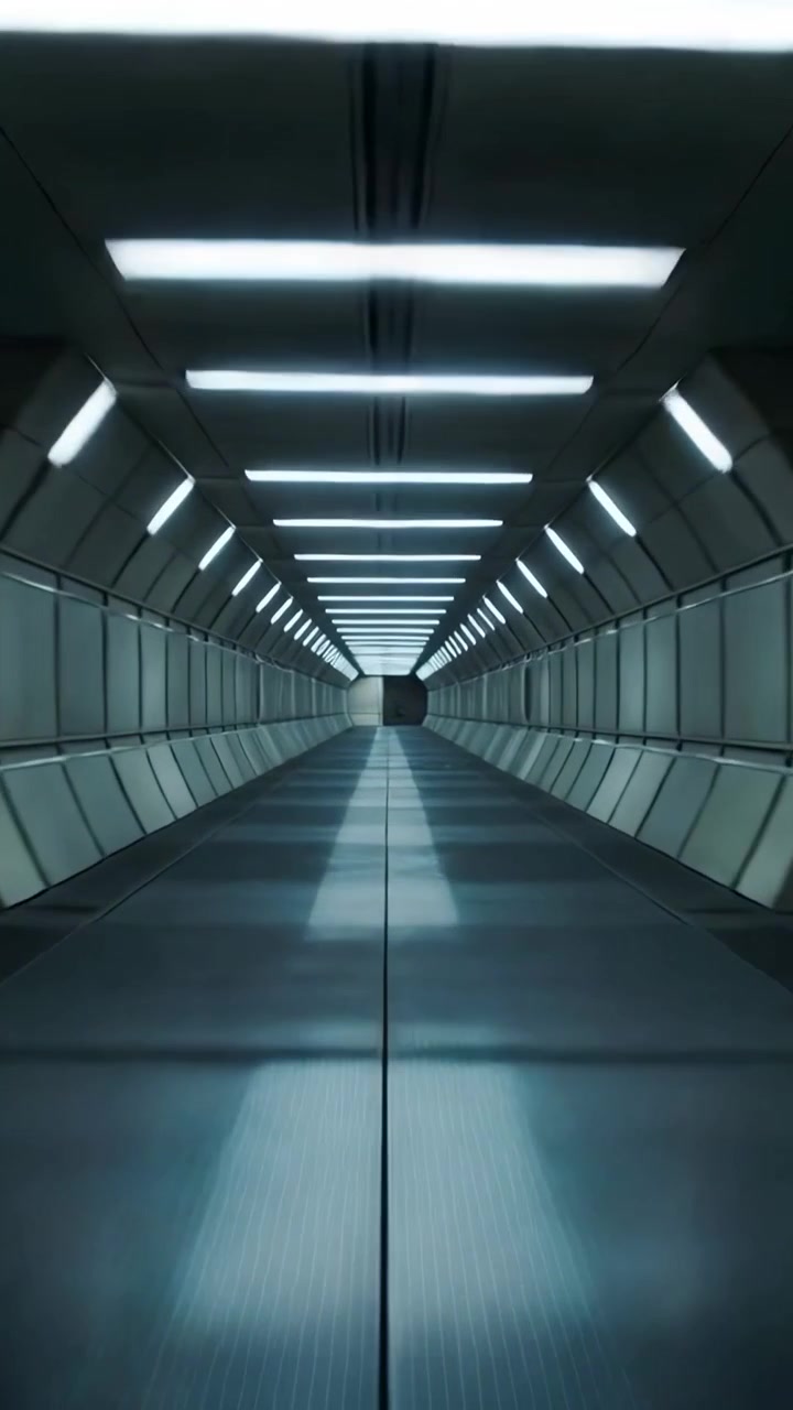 Video verticale: Telecamera che panoramica rivelando un corridoio simmetrico in aeroporto, mostrando giunture e luci