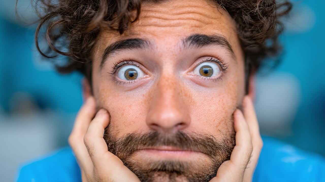Un primo piano di espressione di sorpresa e confusione: Catturando il momento di un uomo con capelli ricci e sguardo intenso mentre reagisce a notizie inaspettate.
