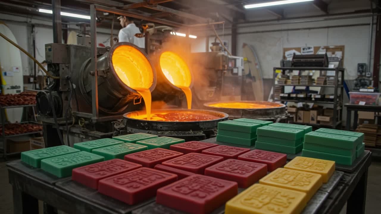 Molten Metal Pouring Process in Industrial Foundry with Colorful Molds Set, Highlighting the Transformation of Liquid Metal to Solid Shapes in an Artisan Setting