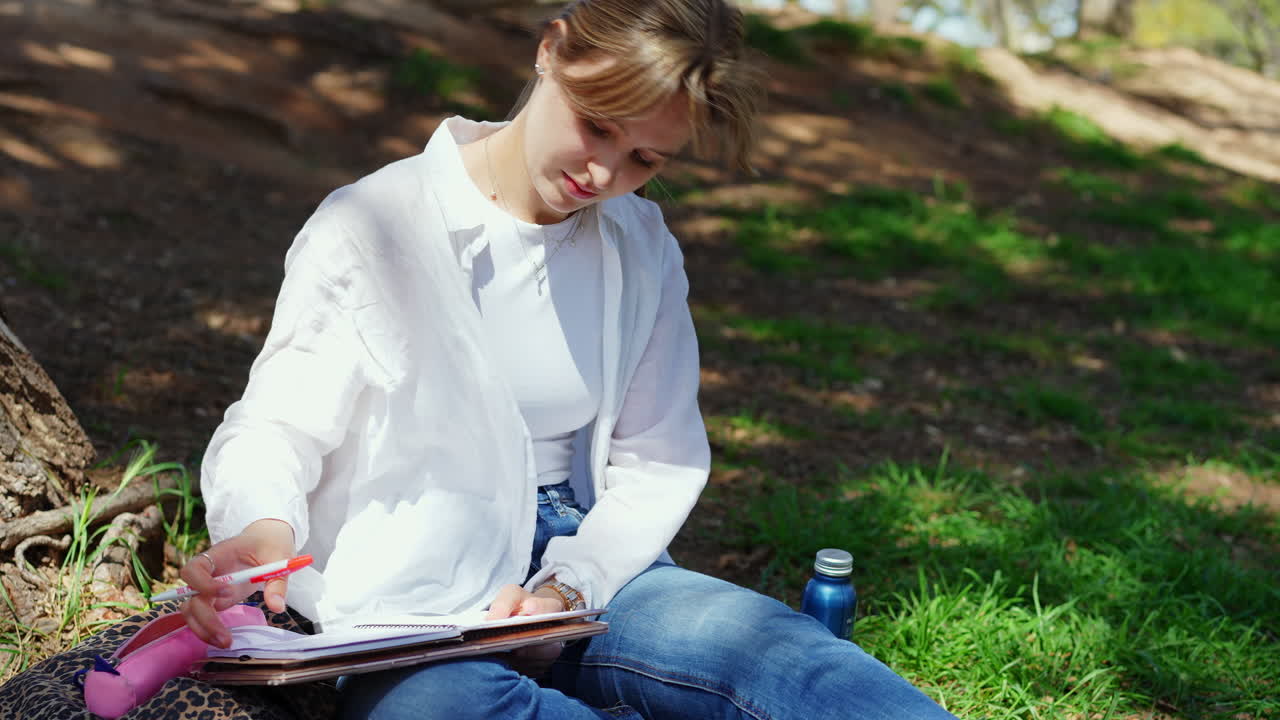 야외에서 공부하는 여성