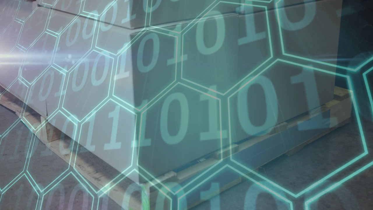 Industrial machinery with hexagonal digital pattern and binary code overlay animation