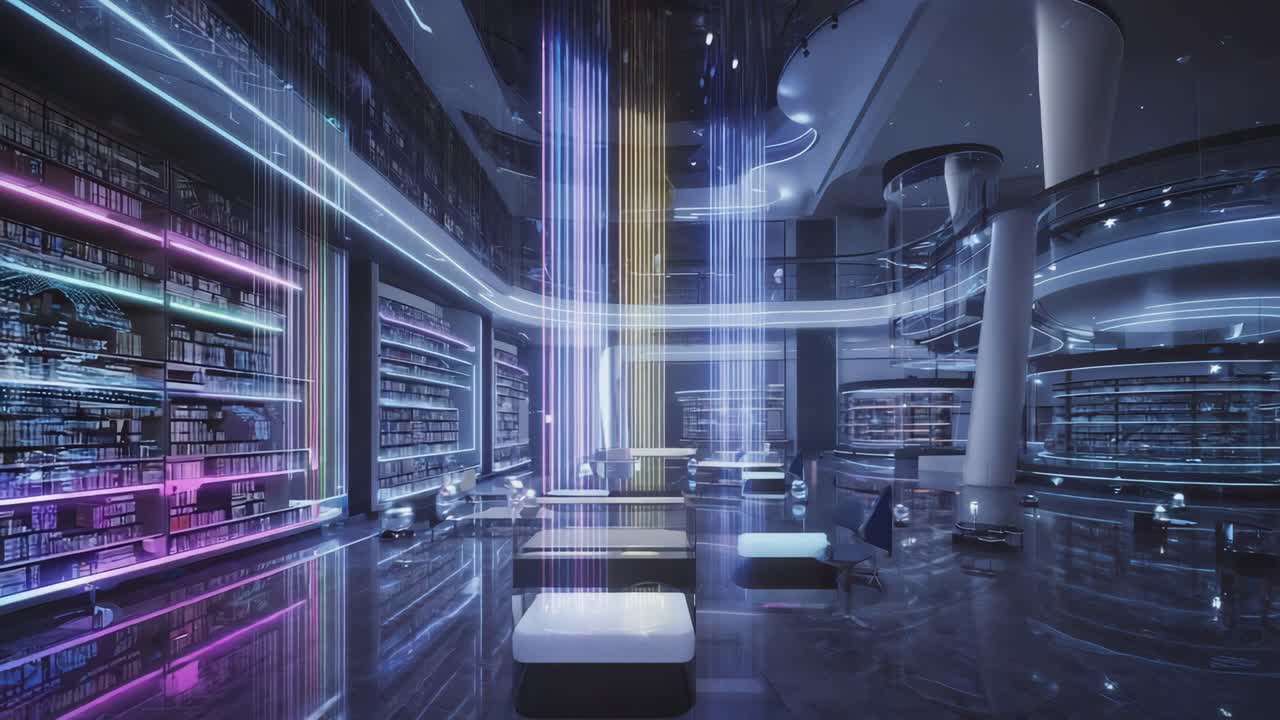 Futuristic Cyberpunk Library Interior with Neon Lights and Digital Displays