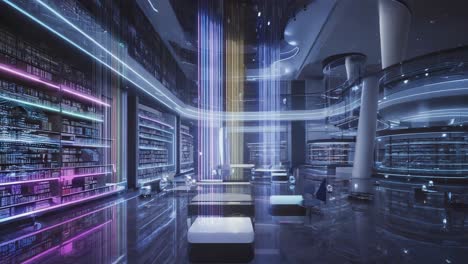 futuristic cyberpunk library interior with neon lights and digital displays