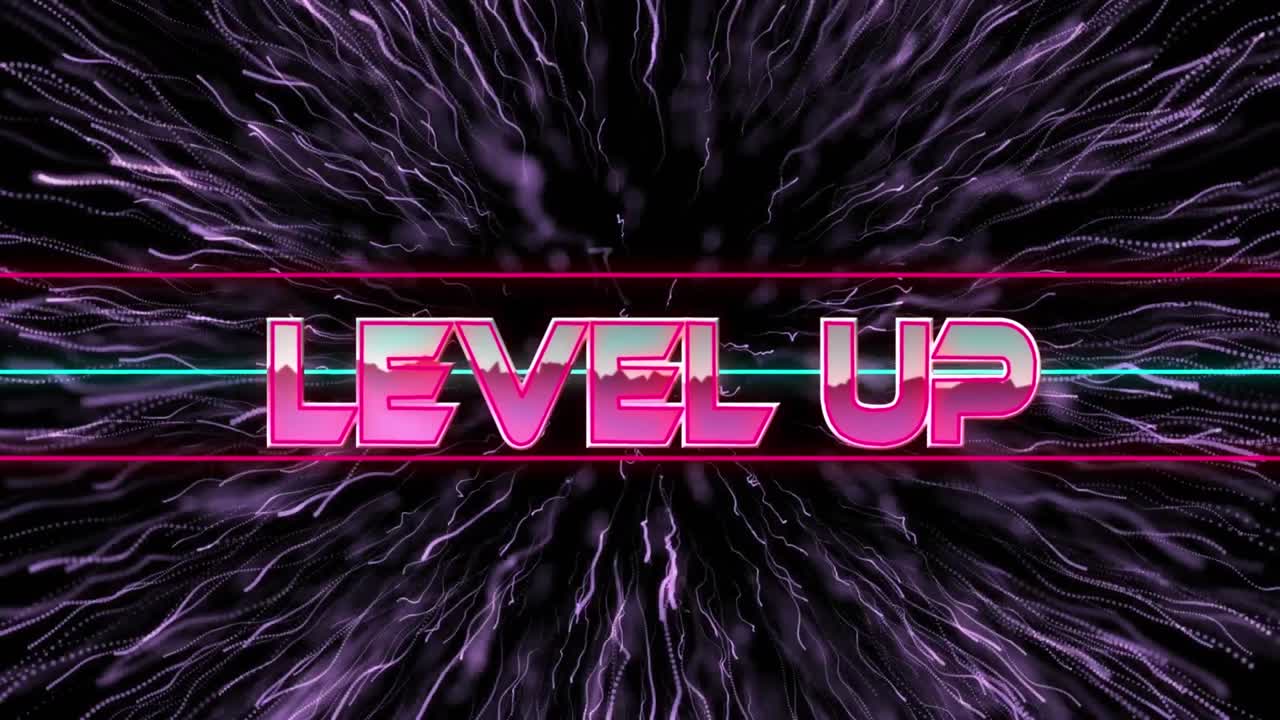 animación de texto de nivel sobre formas geométricas en movimiento y fuegos artificiales