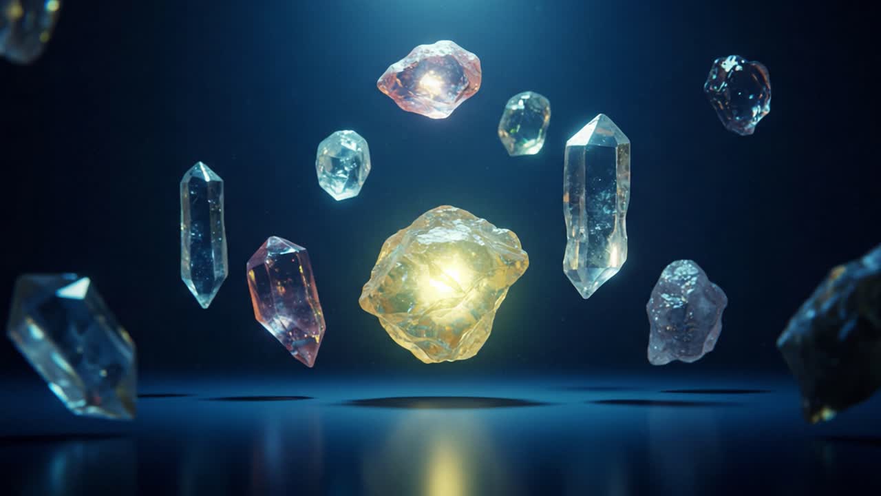 A Stunning Array of Colorful Crystals Suspended in Light, Showcasing Their Intricate Shapes and Gleaming Surfaces in a Dreamlike Atmosphere