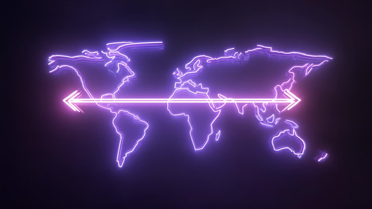 Purple neon outline of a world map on a dark background, with a bright, glowing arrow symbolizing worldwide connections, international shipping, import, export, and global business networks