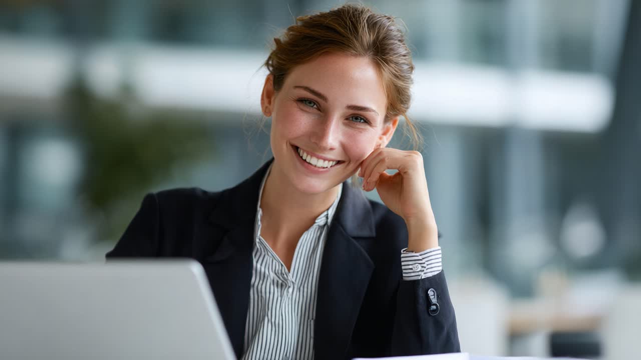 Una giovane professionista sicura di sé sorride nel suo spazio di lavoro, mostrando positività e coinvolgimento in un moderno ambiente d'ufficio