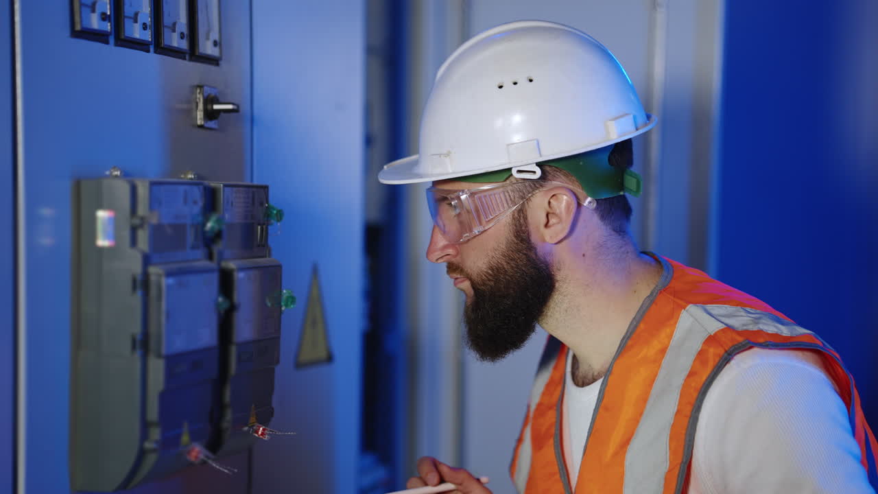 electricista inspeccionando el panel eléctrico